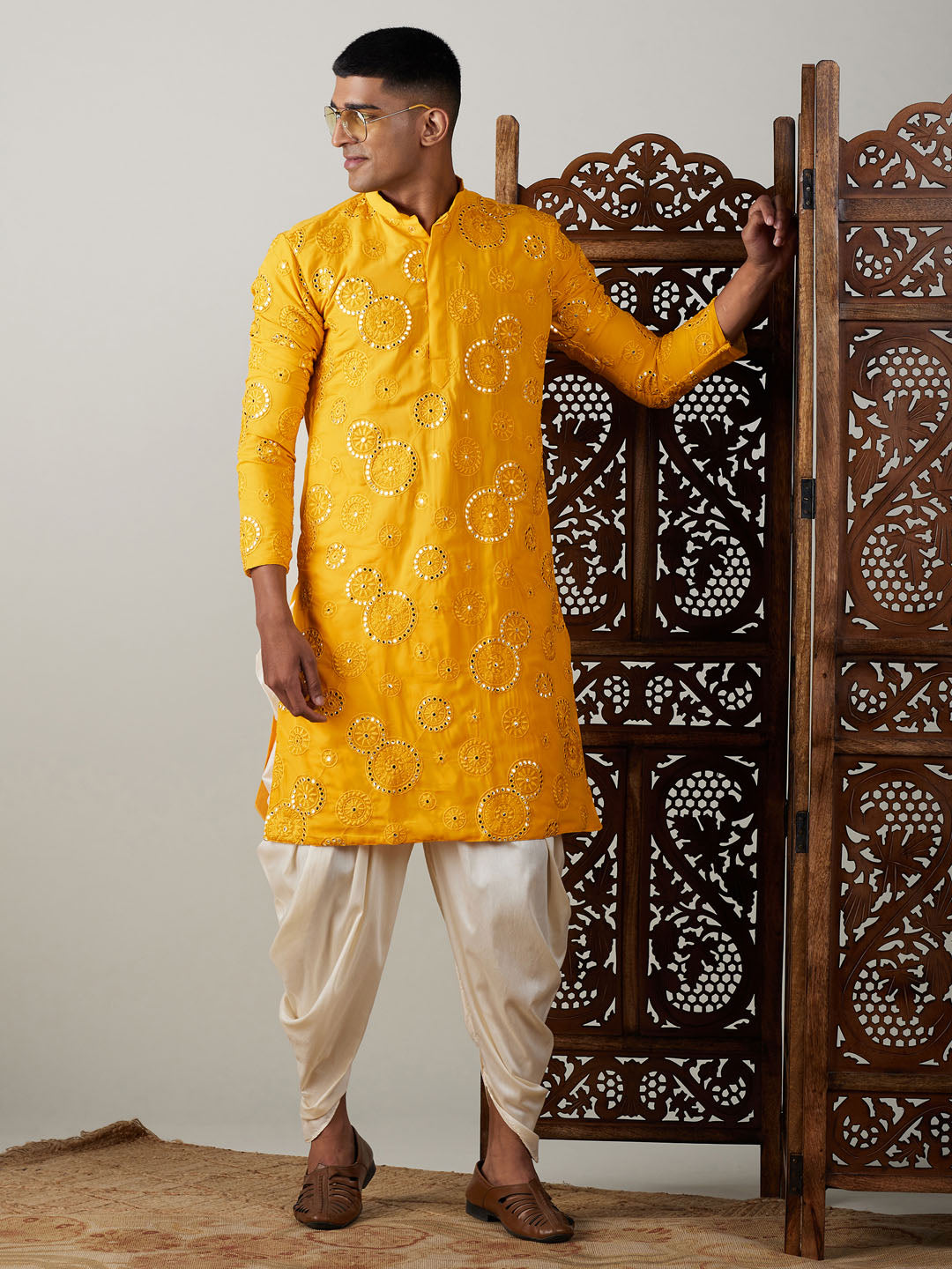 Sarvati Men's Yellow Embroidered Kurta Dhoti Set