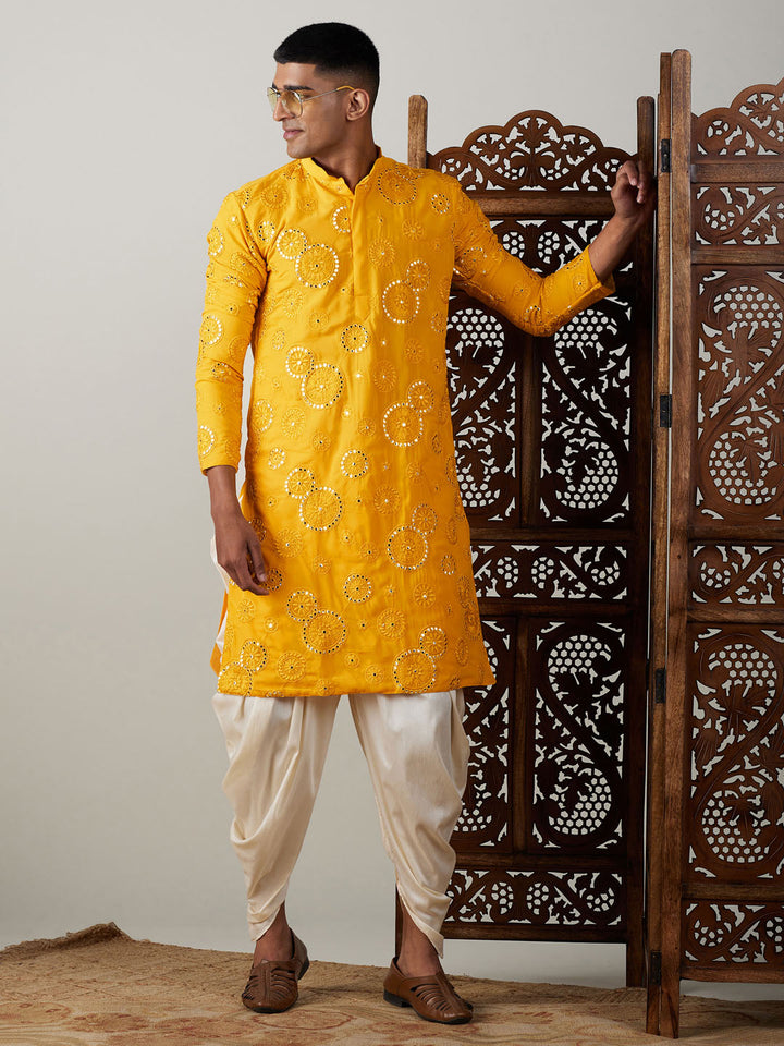 Sarvati Men's Yellow Embroidered Kurta Dhoti Set