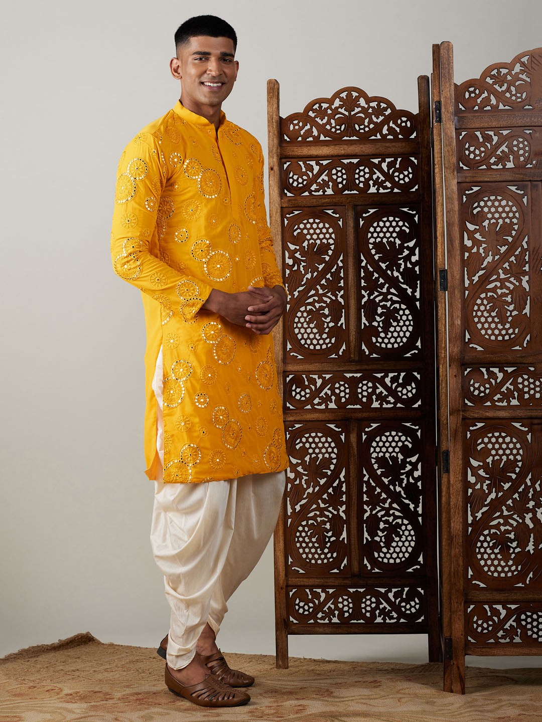 Sarvati Men's Yellow Embroidered Kurta Dhoti Set