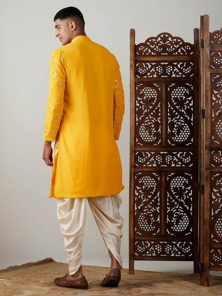 Sarvati Men's Yellow Embroidered Kurta Dhoti Set