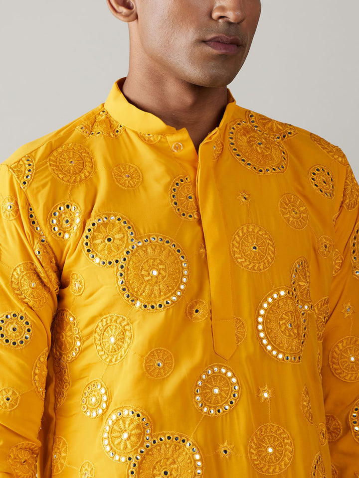 Sarvati Men's Yellow Embroidered Kurta Dhoti Set