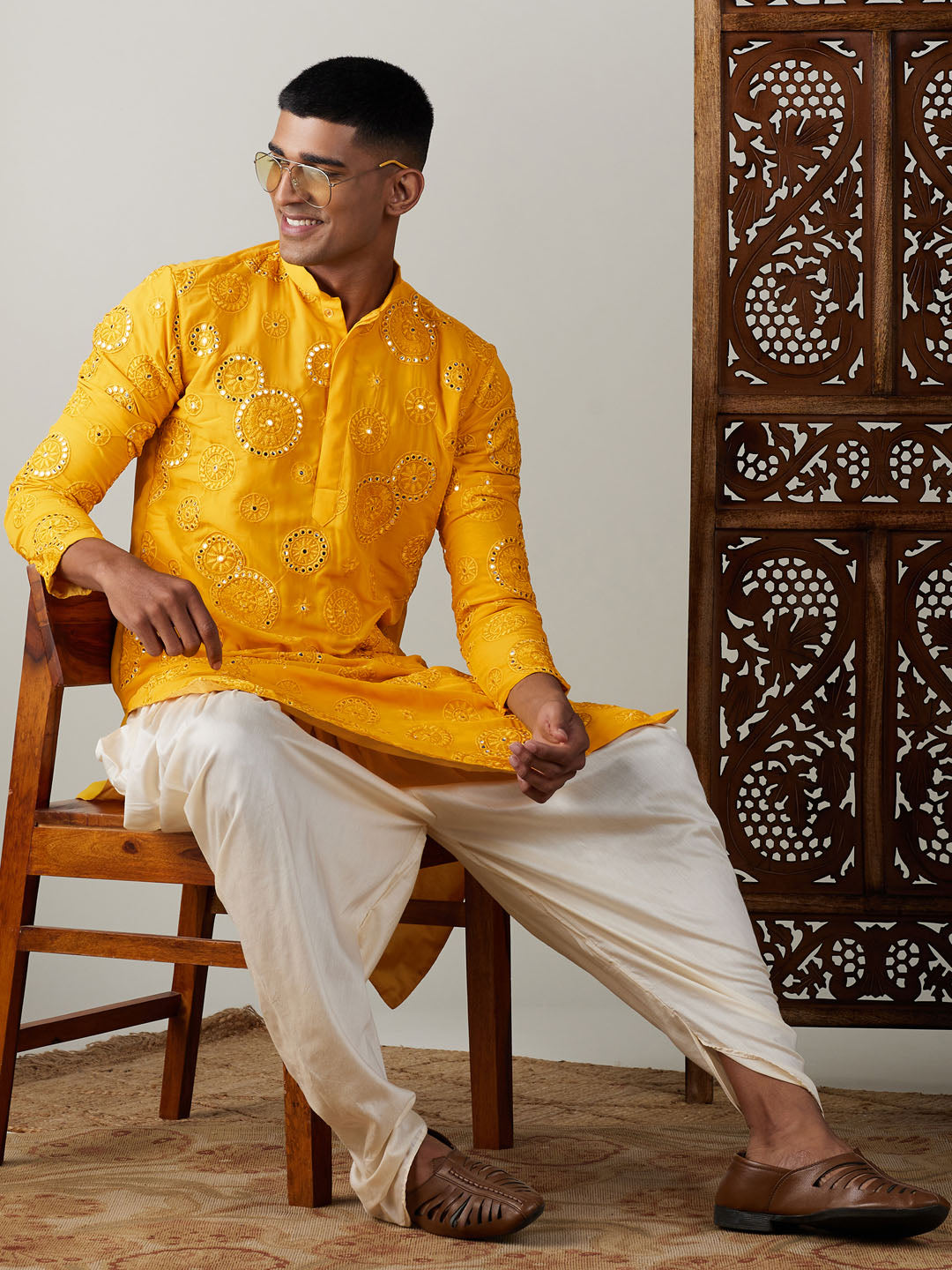 Sarvati Men's Yellow Embroidered Kurta Dhoti Set