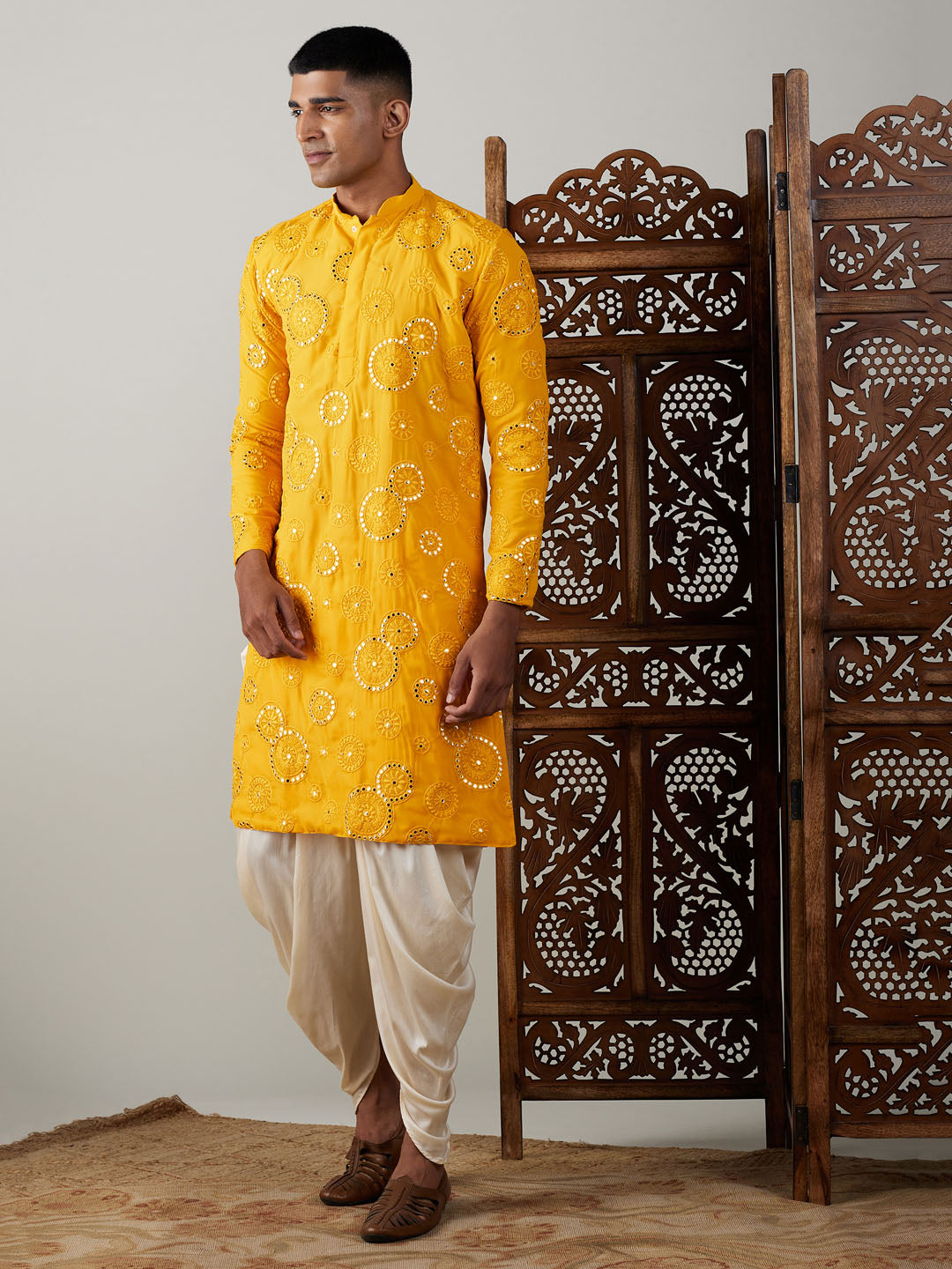 Sarvati Men's Yellow Embroidered Kurta Dhoti Set