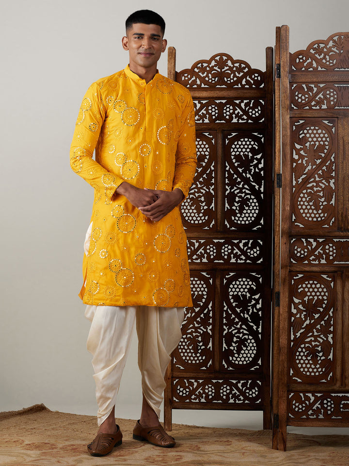 Sarvati Men's Yellow Embroidered Kurta Dhoti Set