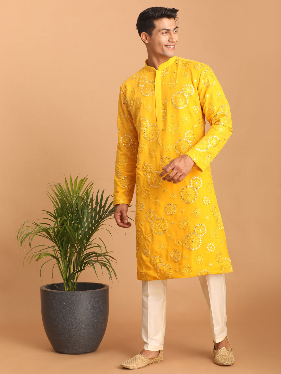 Sarvati Men's Yellow Embroidered Kurta Pant Set