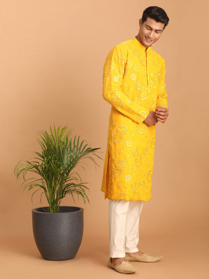 Sarvati Men's Yellow Embroidered Kurta Pant Set