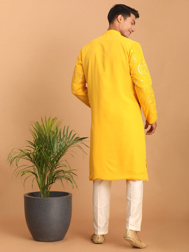 Sarvati Men's Yellow Embroidered Kurta Pant Set