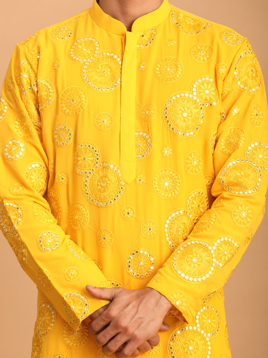 Sarvati Men's Yellow Embroidered Kurta Pant Set