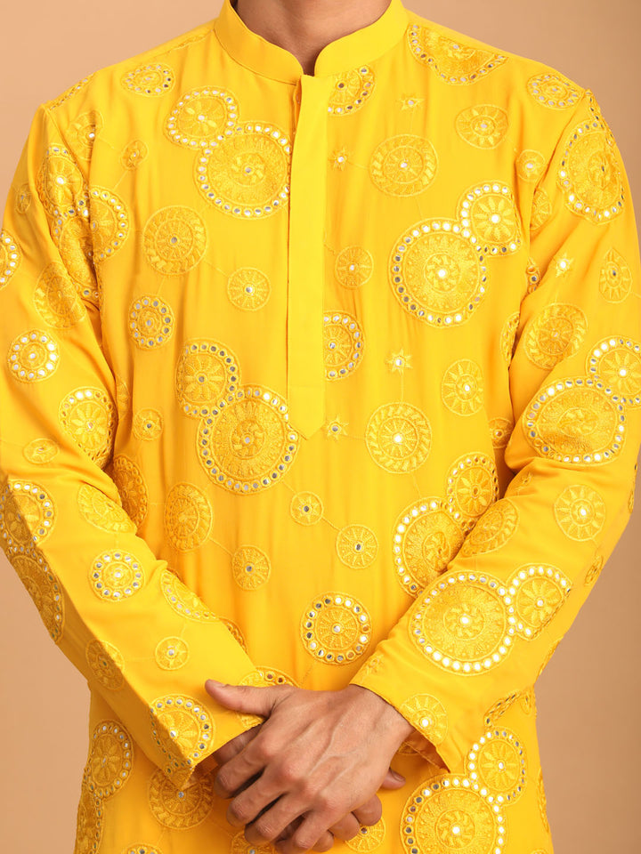 Sarvati Men's Yellow Embroidered Kurta Pant Set