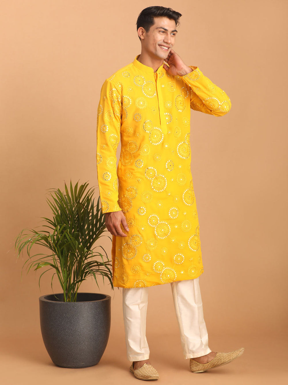 Sarvati Men's Yellow Embroidered Kurta Pant Set