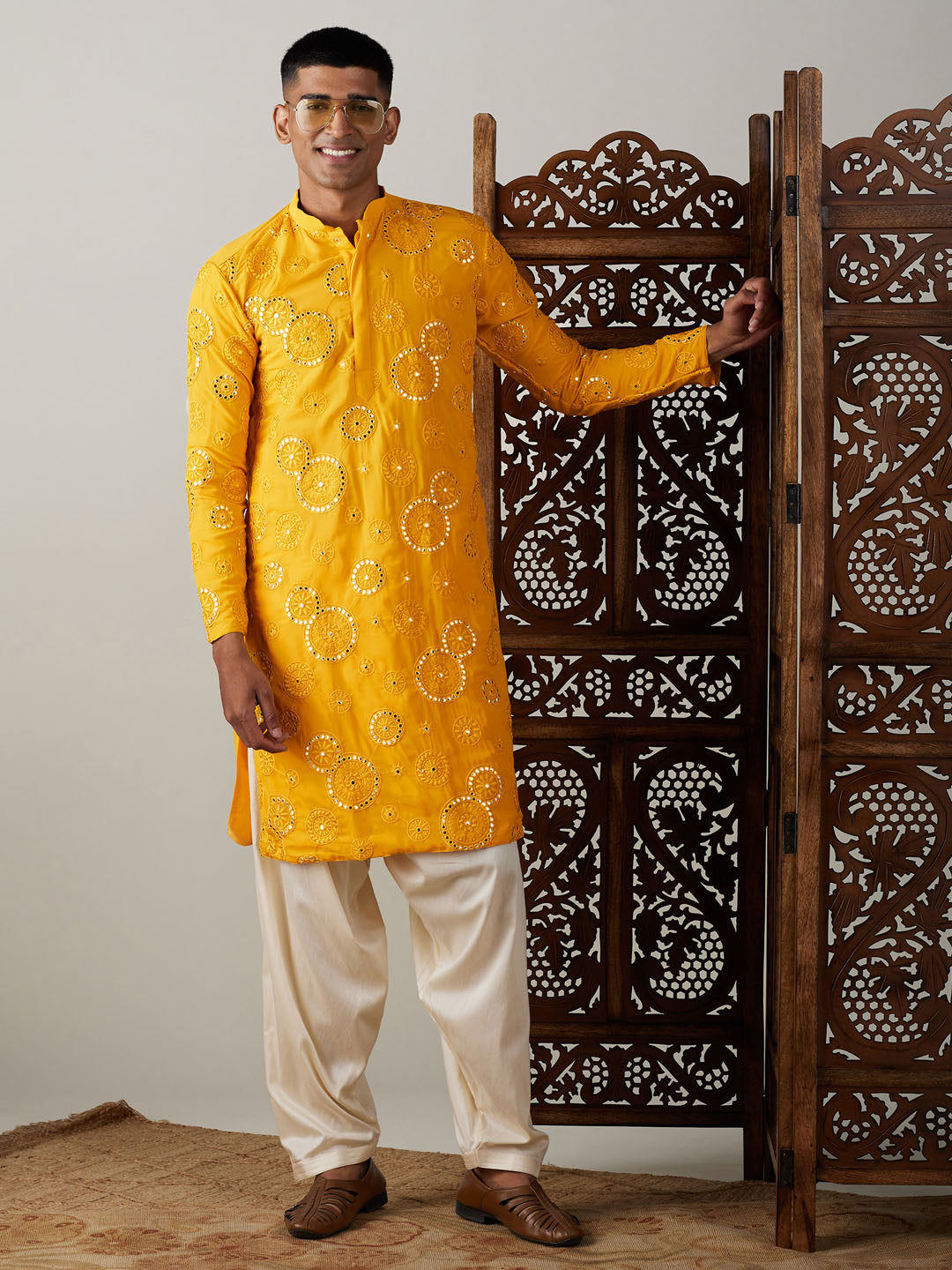 Sarvati Men's Yellow Embroidered Kurta Patiala Set