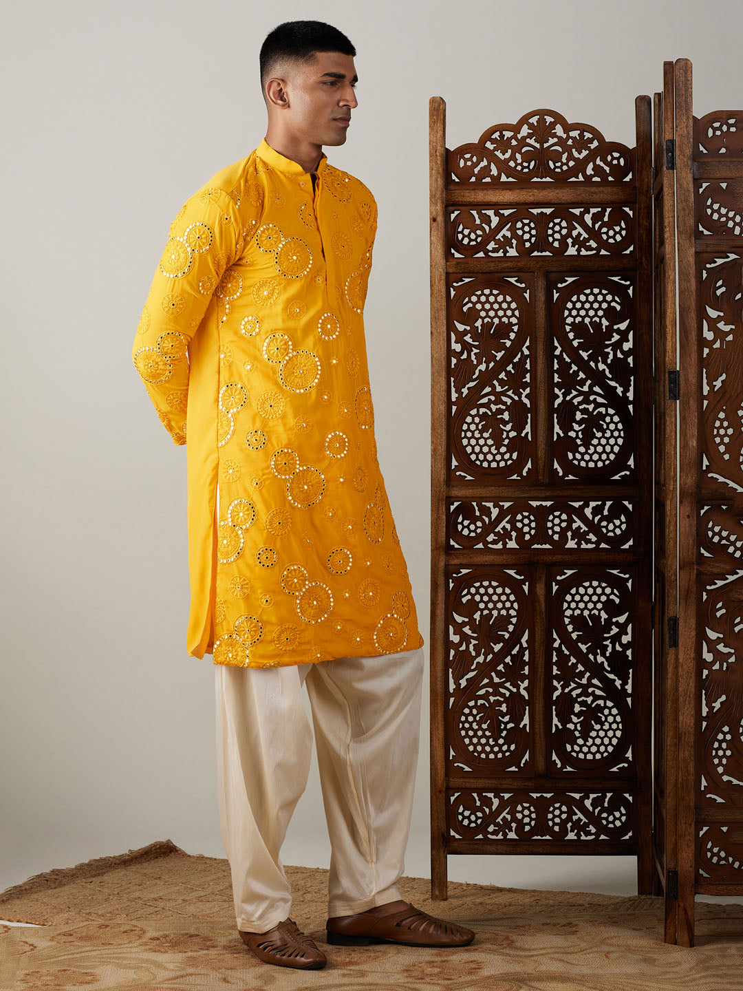 Sarvati Men's Yellow Embroidered Kurta Patiala Set