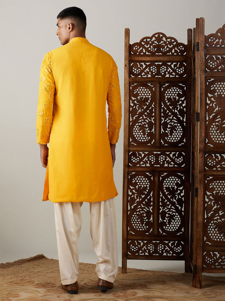 Sarvati Men's Yellow Embroidered Kurta Patiala Set