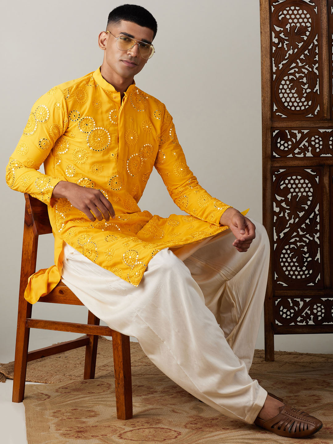 Sarvati Men's Yellow Embroidered Kurta Patiala Set