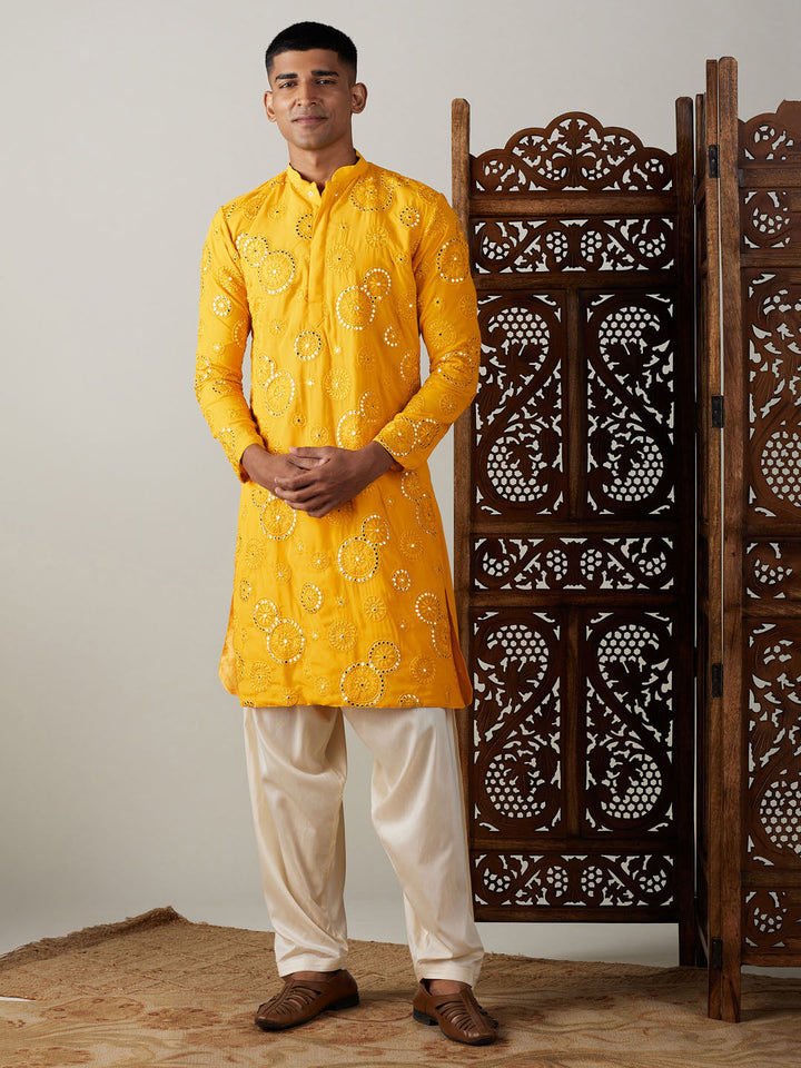 Sarvati Men's Yellow Embroidered Kurta Patiala Set