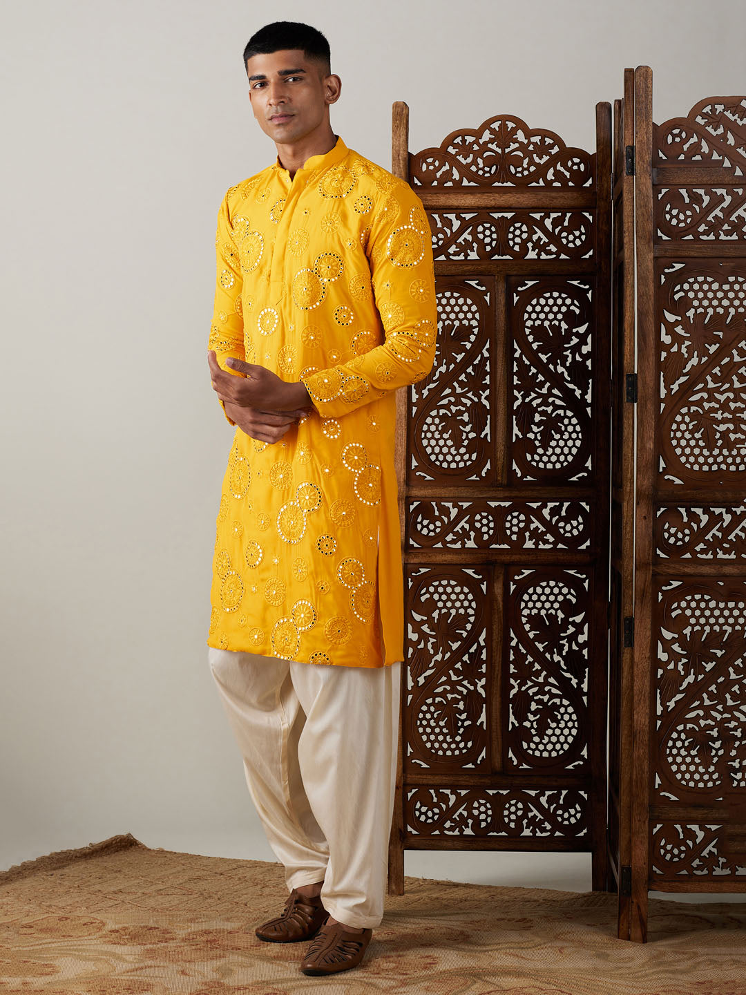 Sarvati Men's Yellow Embroidered Kurta Patiala Set