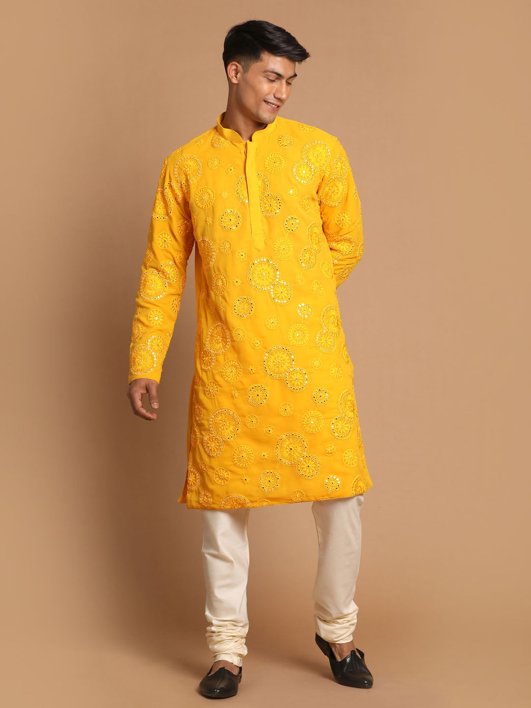 Sarvati Men's Yellow Embroidered Kurta Pyjama Set