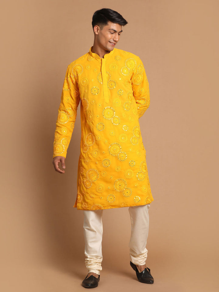 Sarvati Men's Yellow Embroidered Kurta Pyjama Set