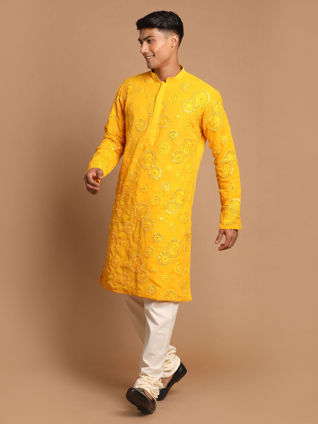 Sarvati Men's Yellow Embroidered Kurta Pyjama Set