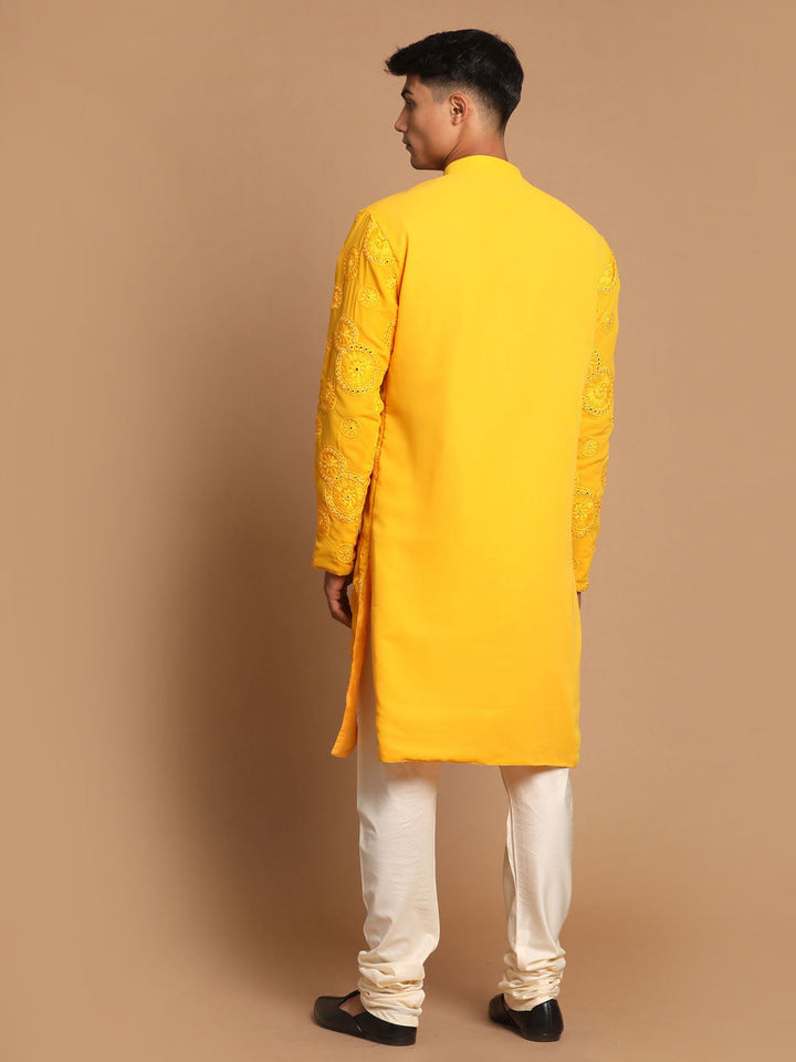 Sarvati Men's Yellow Embroidered Kurta Pyjama Set