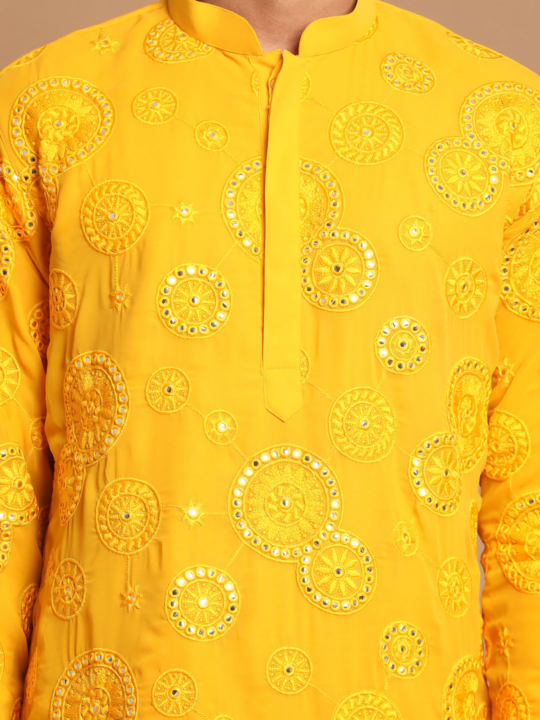 Sarvati Men's Yellow Embroidered Kurta Pyjama Set