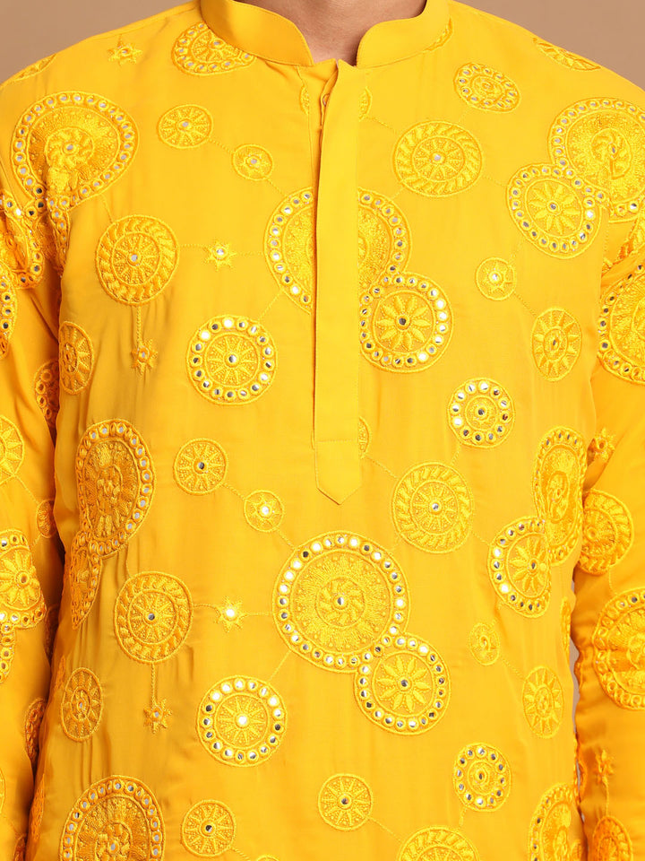 Sarvati Men's Yellow Embroidered Kurta Pyjama Set