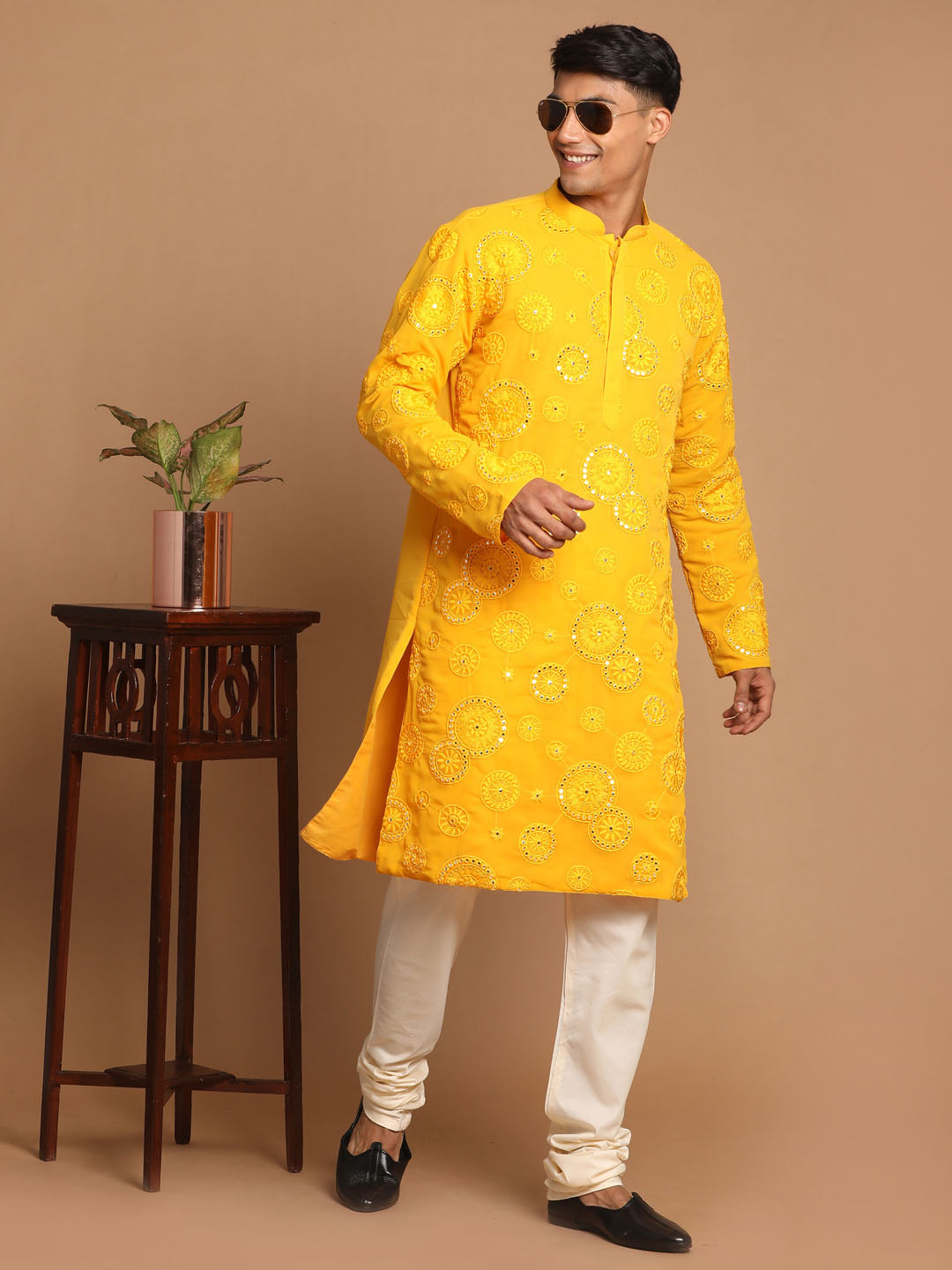 Sarvati Men's Yellow Embroidered Kurta Pyjama Set