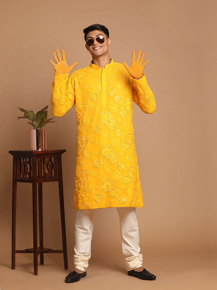 Sarvati Men's Yellow Embroidered Kurta Pyjama Set