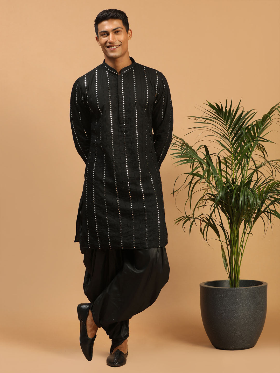 Sarvati Men's Black Mirror Kurta Dhoti Set