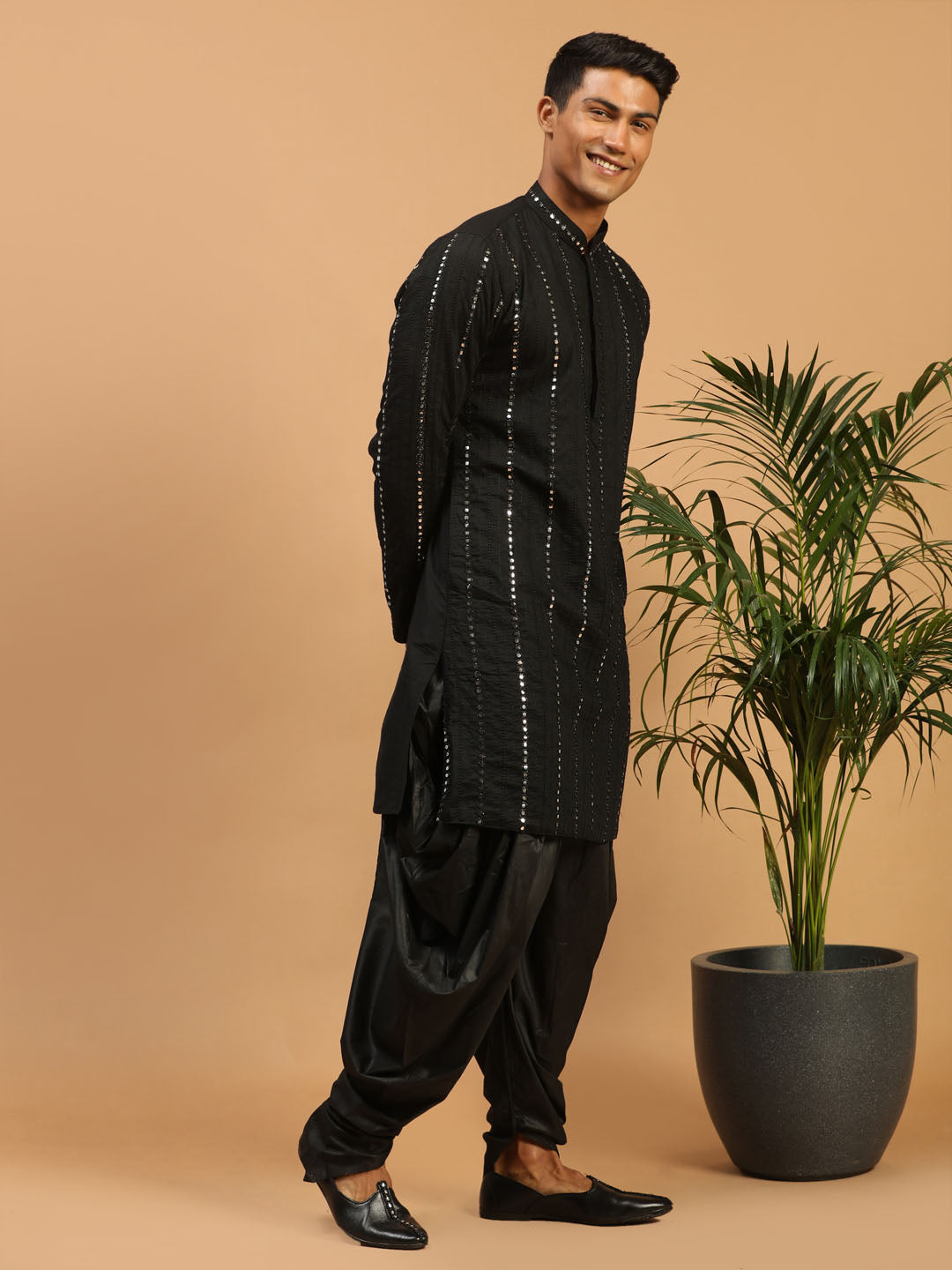 Sarvati Men's Black Mirror Kurta Dhoti Set