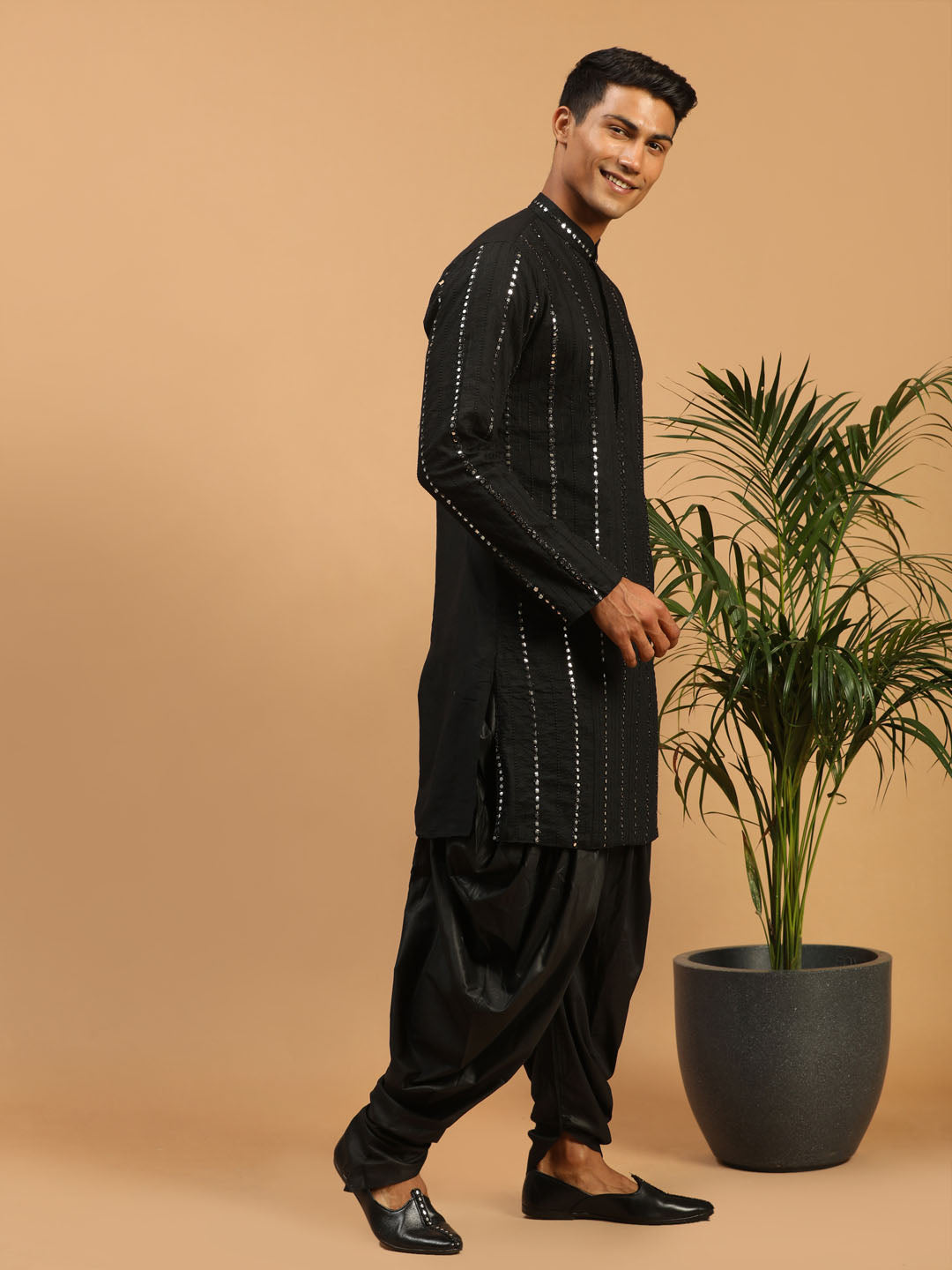 Sarvati Men's Black Mirror Kurta Dhoti Set