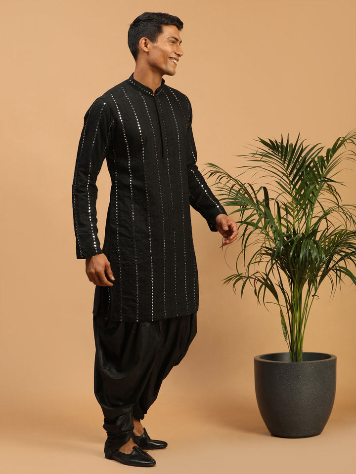 Sarvati Men's Black Mirror Kurta Dhoti Set