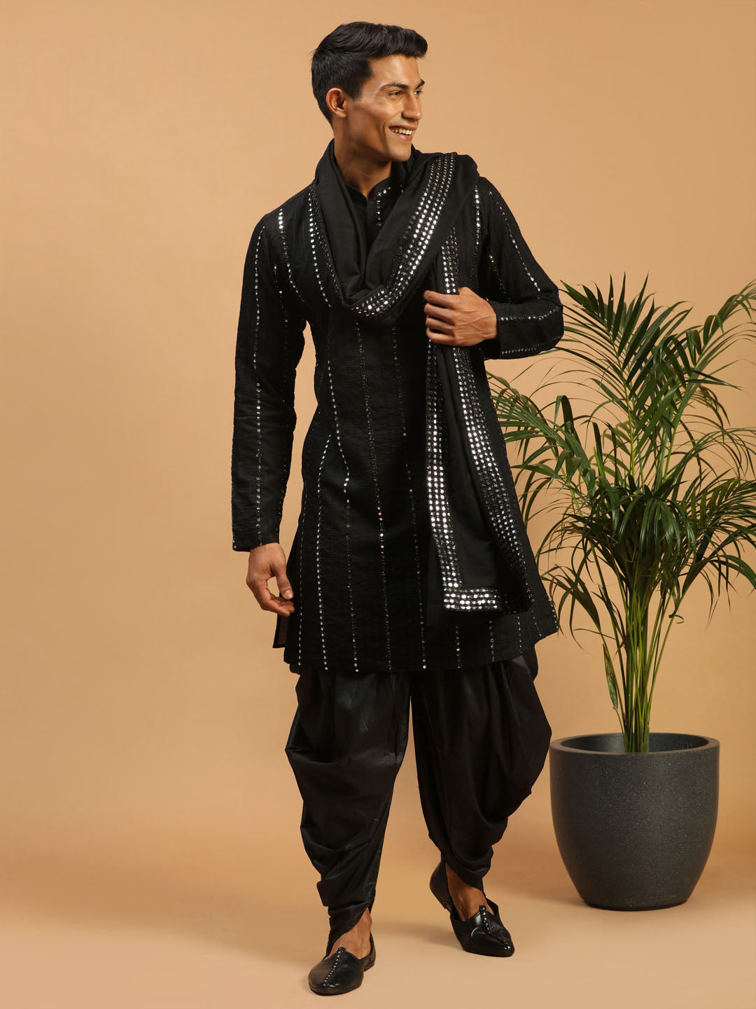 Sarvati Men's Black Mirror Kurta Dhoti And Dupatta Set