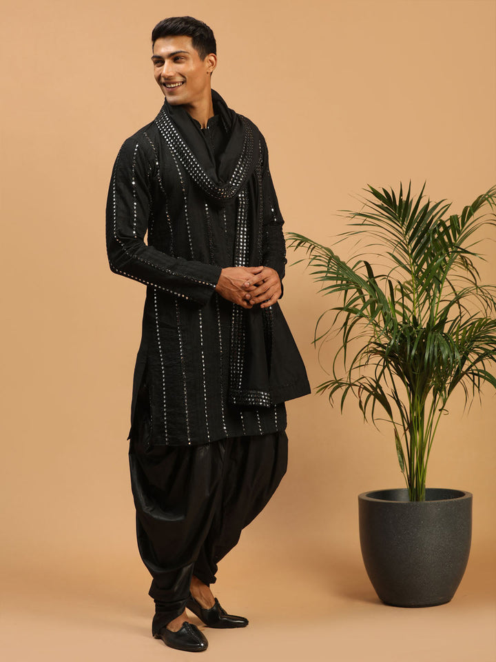 Sarvati Men's Black Mirror Kurta Dhoti And Dupatta Set