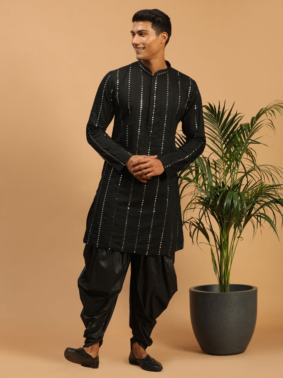 Sarvati Men's Black Mirror Kurta Dhoti And Dupatta Set