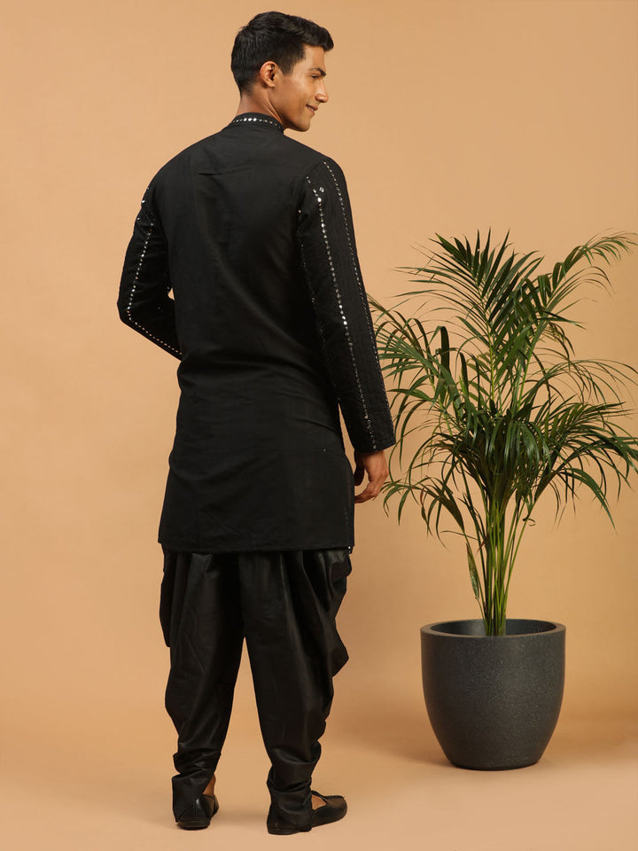 Sarvati Men's Black Mirror Kurta Dhoti And Dupatta Set