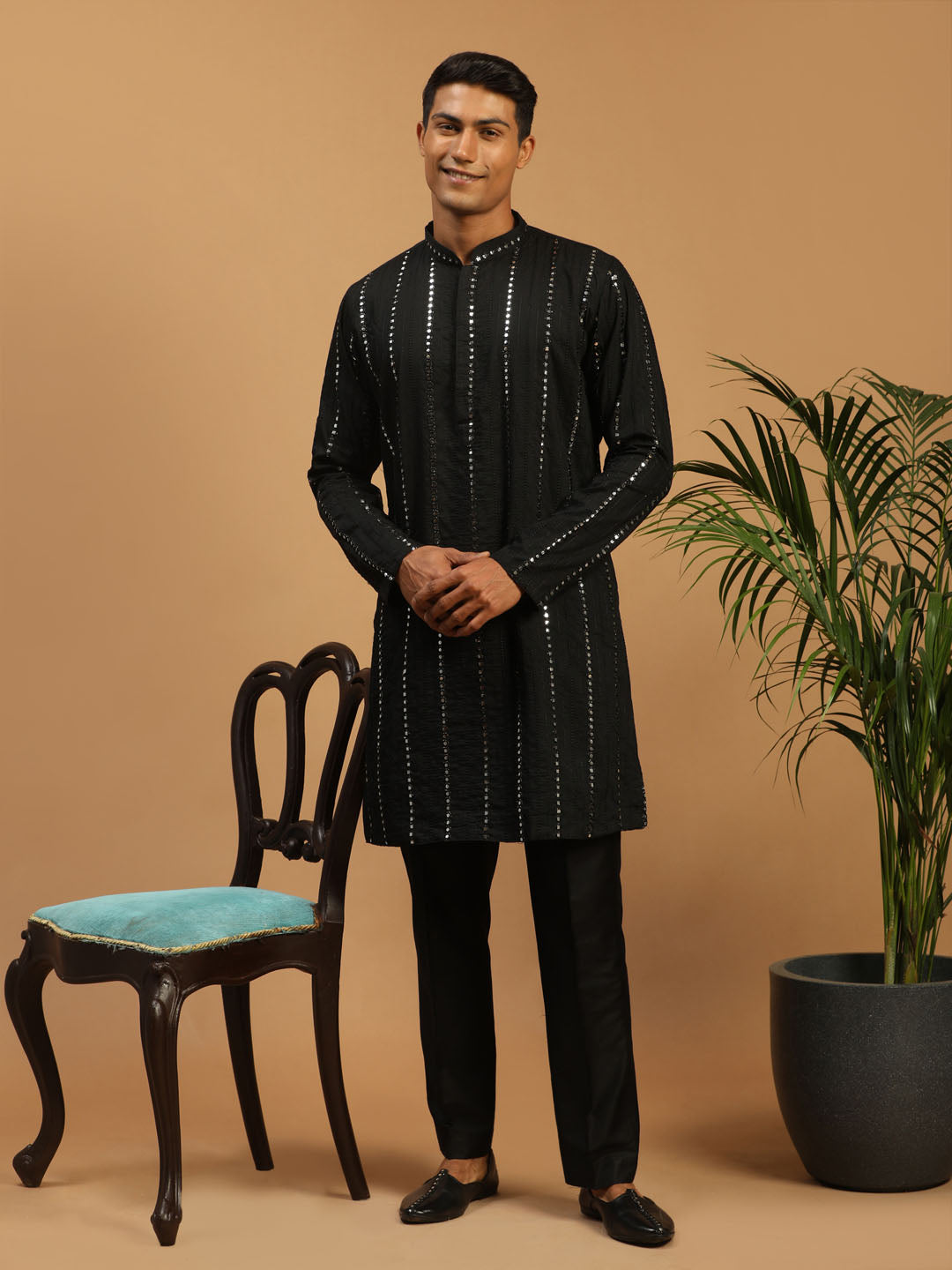 Sarvati Men's Black Mirror Kurta Pant Set