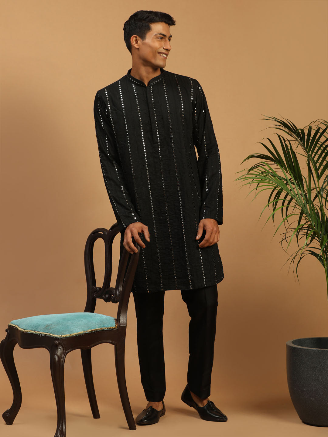 Sarvati Men's Black Mirror Kurta Pant Set