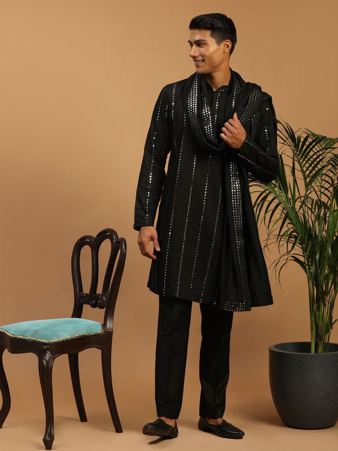 Sarvati Men's Black Mirror Kurta Pant And Dupatta Set