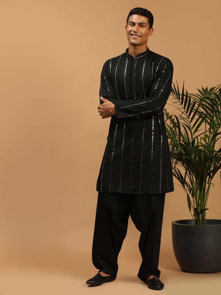 Sarvati Men's Black Mirror Kurta With Patiala Set