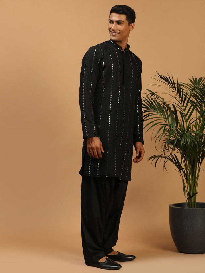 Sarvati Men's Black Mirror Kurta With Patiala Set