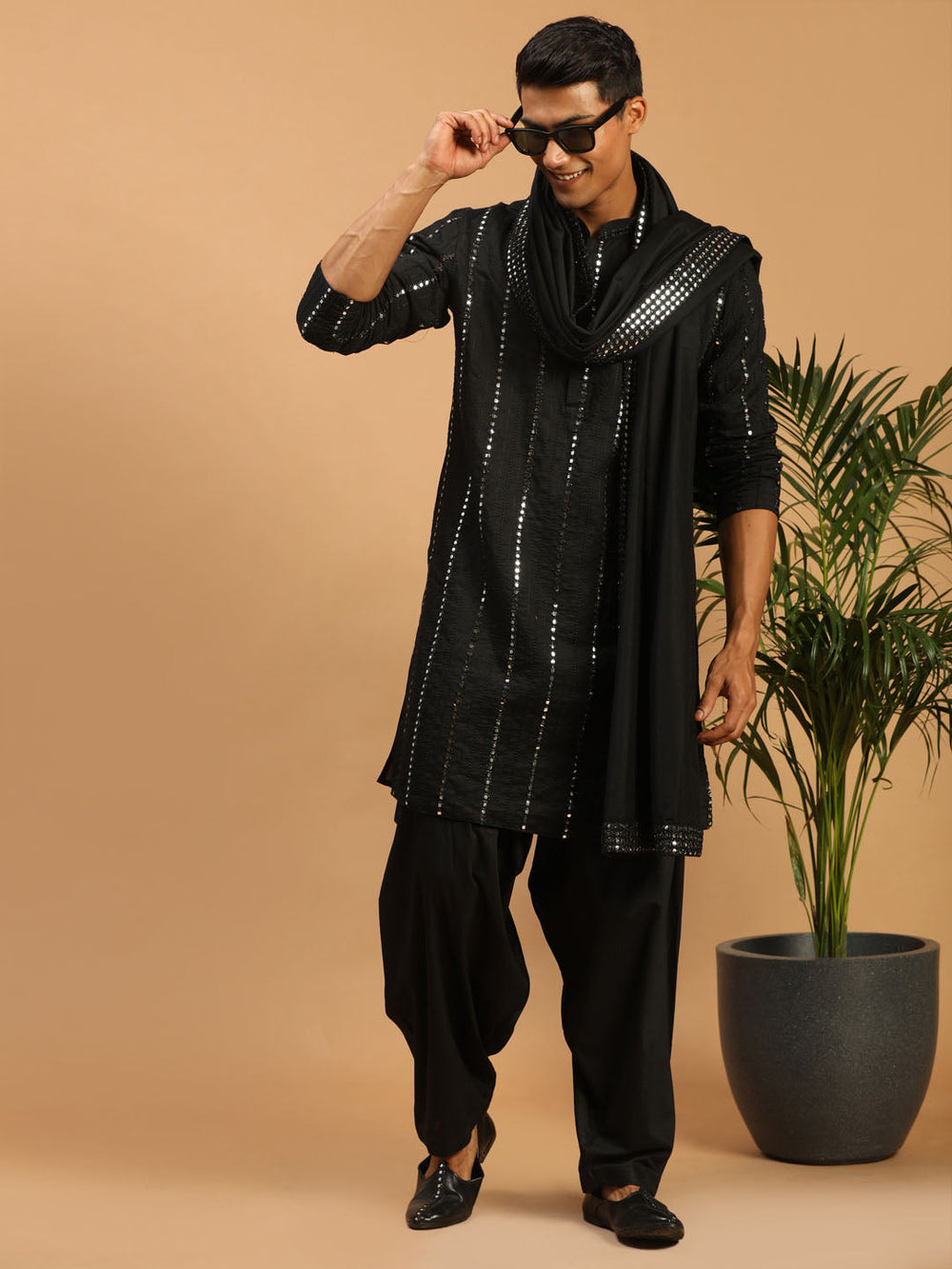 Men's Black Mirror Kurta Patiala And Dupatta Set