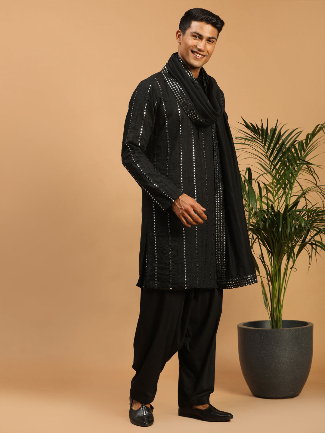 Sarvati Men's Black Mirror Kurta Patiala And Dupatta Set