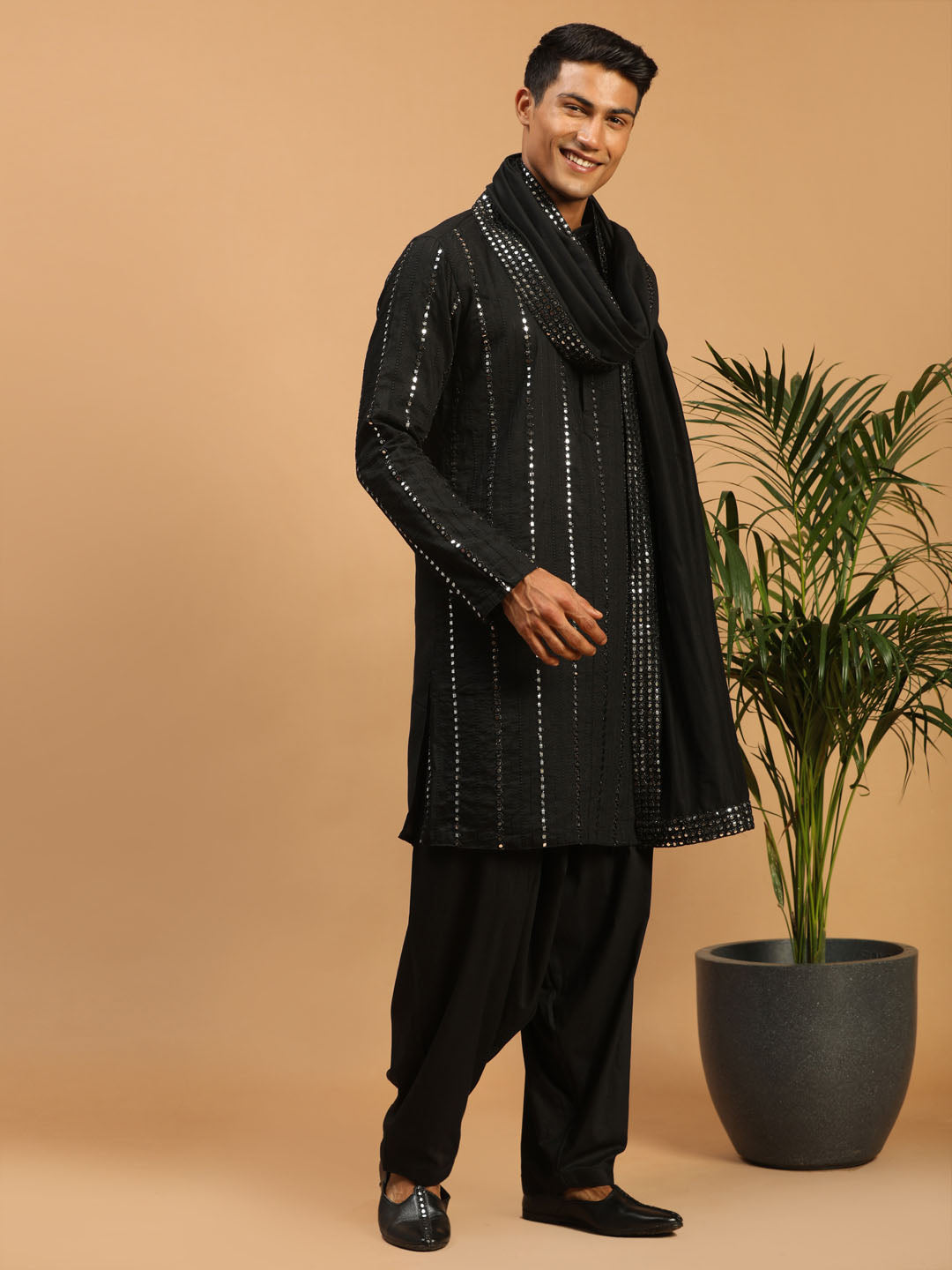 Men's Black Mirror Kurta Patiala And Dupatta Set