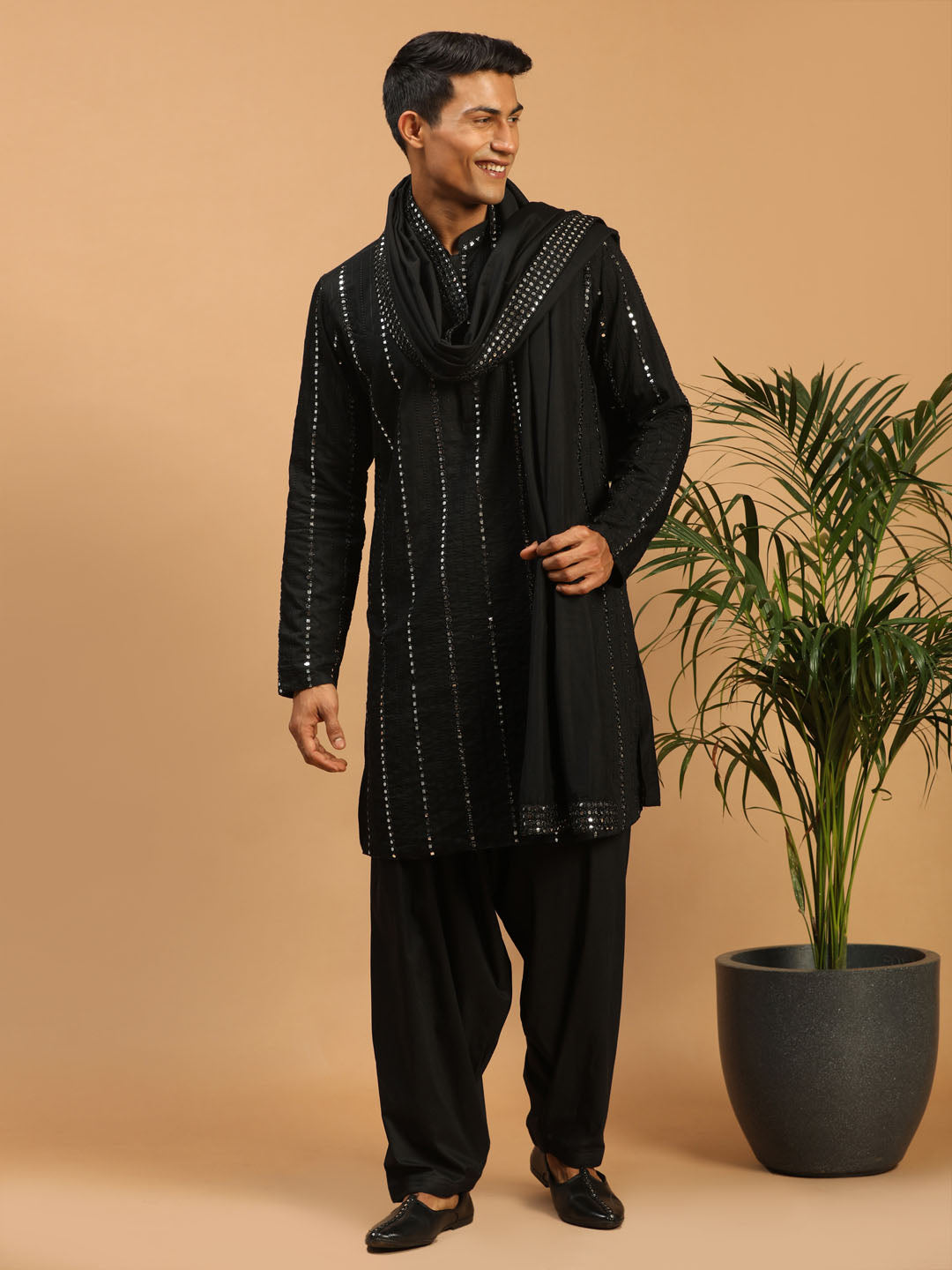 Sarvati Men's Black Mirror Kurta Patiala And Dupatta Set