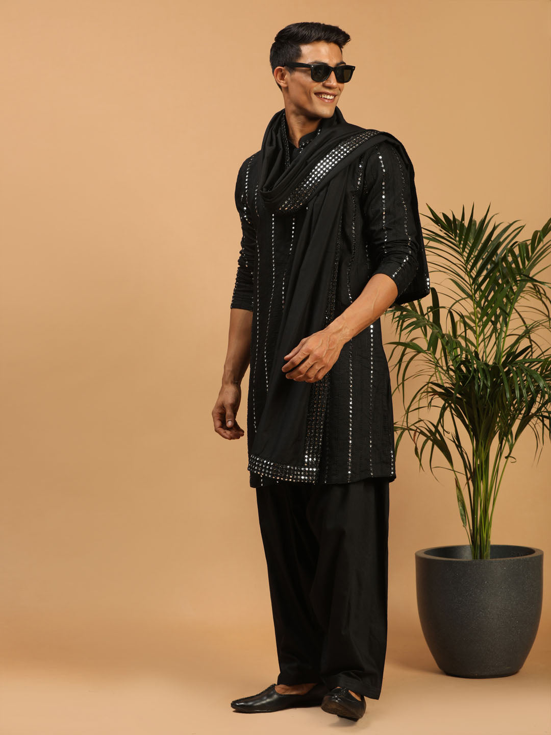 Men's Black Mirror Kurta Patiala And Dupatta Set