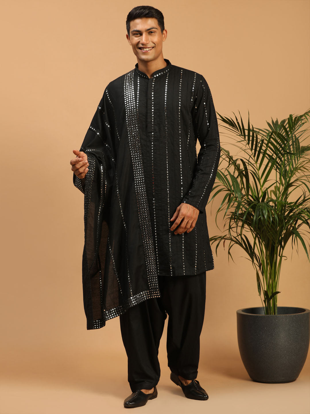 Sarvati Men's Black Mirror Kurta With Patiala And Dupatta set