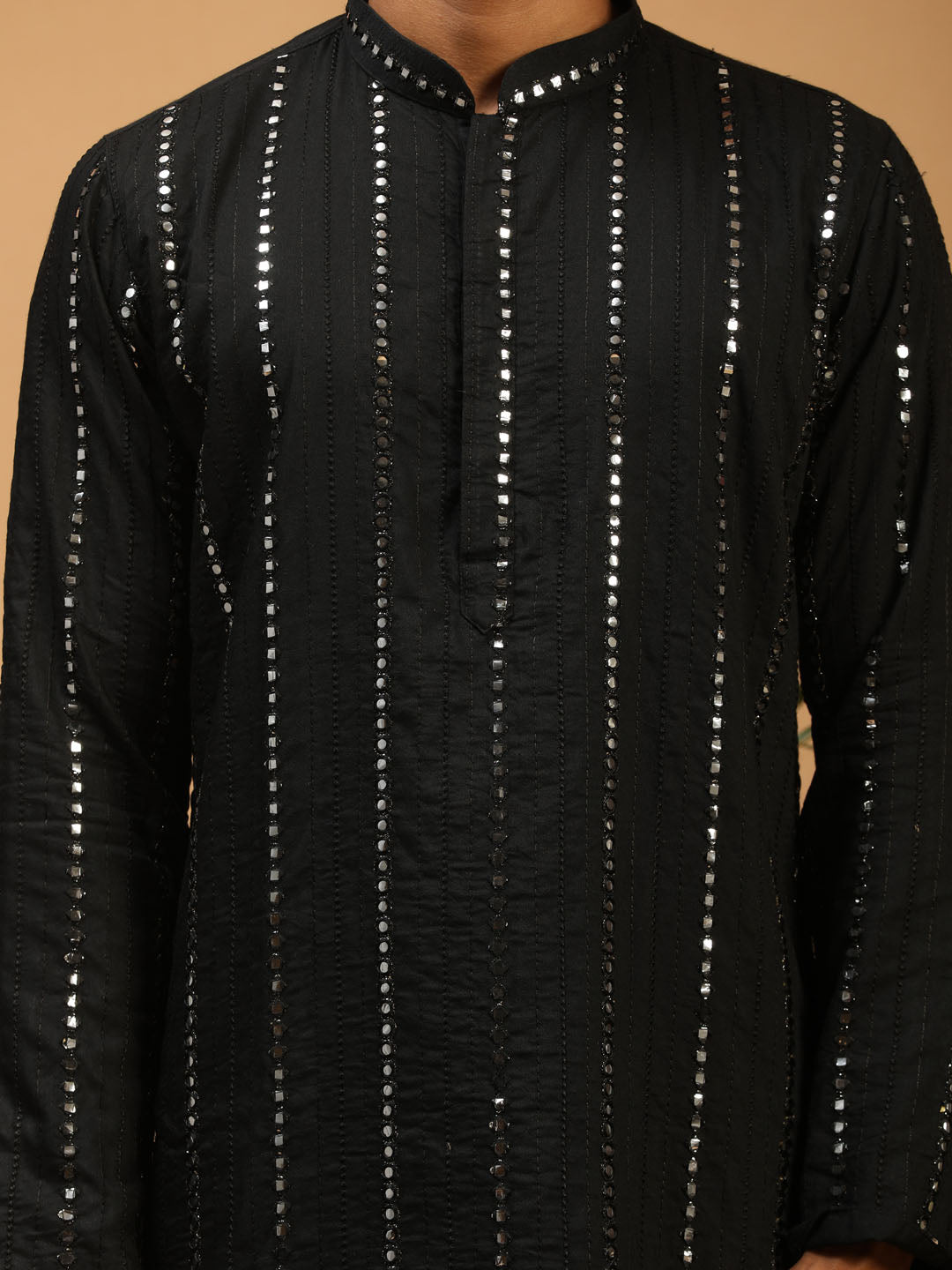 Sarvati Men's Black Mirror Kurta With Patiala And Dupatta set