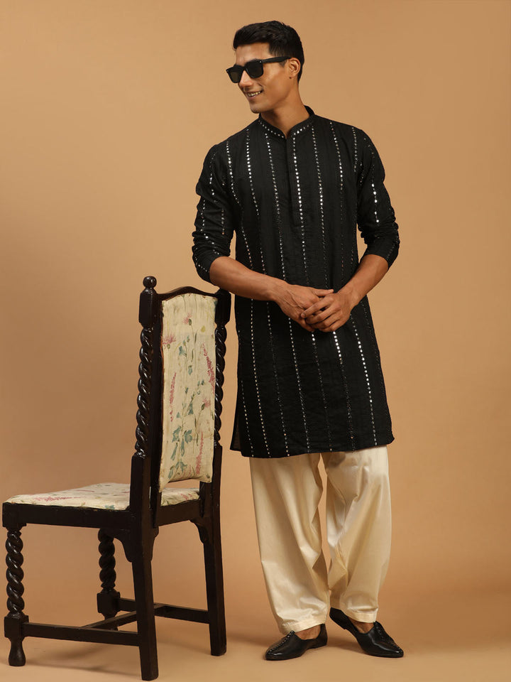 Sarvati Men's Black Mirror Kurta With Patiala Set