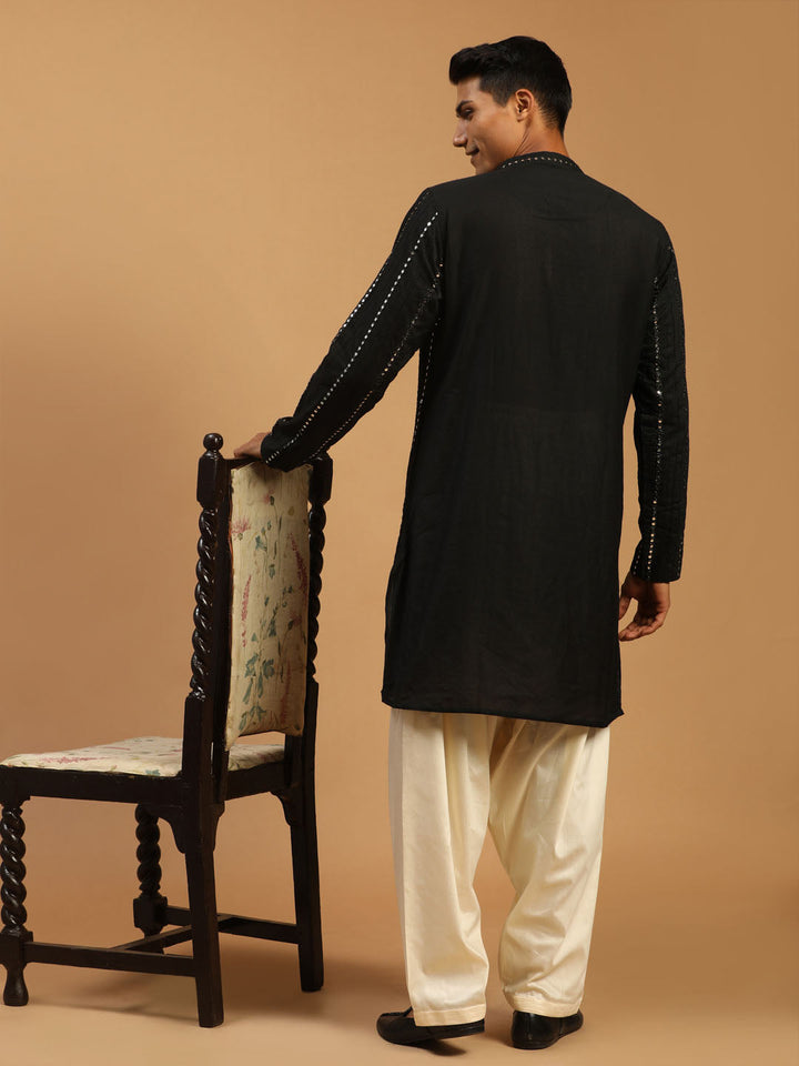 Sarvati Men's Black Mirror Kurta With Patiala Set